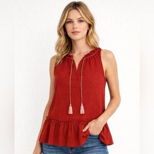 Max Studio Red Boho Peplum Tank Top Tassel Tie Sleeveless Blouse Festival—Large